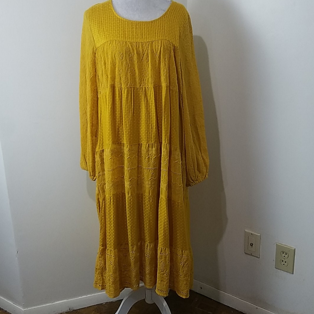 Free people mustard eyelet tiered midi dress nwt M